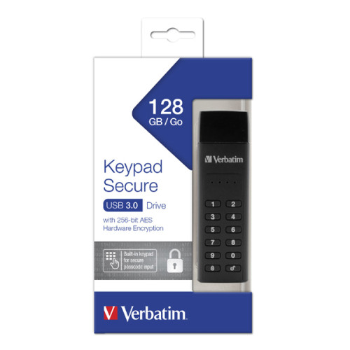 Verbatim USB flash disk, USB 3.0, 128GB, Keypad Secure, čierny, 49429, USB A, 256bitové hardwarové šifrovanie AES, LED indikátor