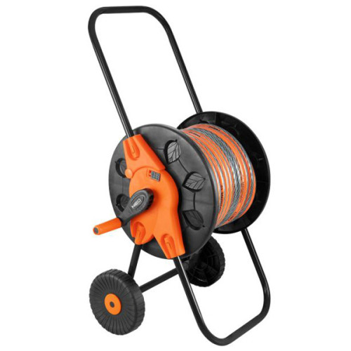 NEO TOOLS vozík pre záhradnú hadicu so sklopným držiakom až 60m 1/2" alebo 20m 3/4", oranžovo-čierny, 15-793